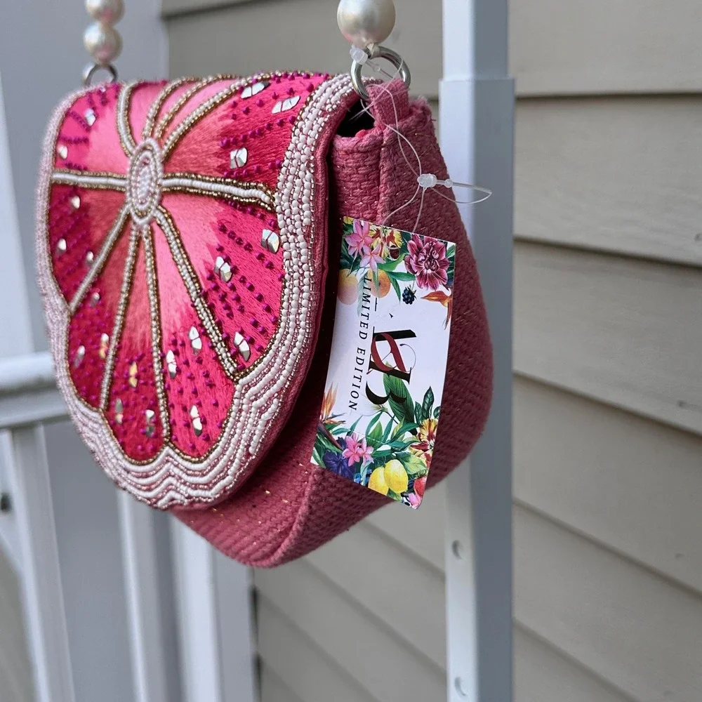 Kayu Limited Edition Pink Grapefruit Beaded Pearl Strap Shoulder Bag Novelty